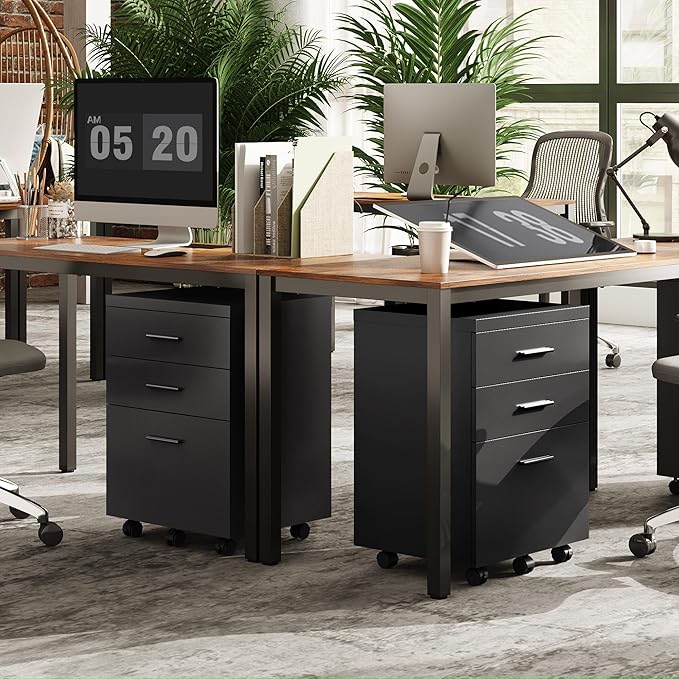 DEVAISE 3 Drawer File Cabinet for Home Office, Wood Under Desk Filing Cabinet, Rolling Printer Stand with Wheels, Black