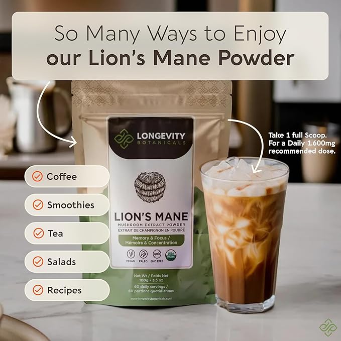 Longevity Botanicals Organic Lion’s Mane Mushroom Extract Powder 100g | Concentrated 8:1 Ratio | 100% Fruiting Bodies | Hericium Erinaceus Nootropic Supplement for Focus, Memory & Brain Support