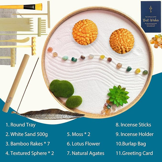 Japanese Zen Garden Kit for Desk, Bamboo Sand Garden Meditation Therapy Tray Gift Set, Mini Zen Décor Office Desktop Accessories - 2 Textured Spheres, Incense with Holder