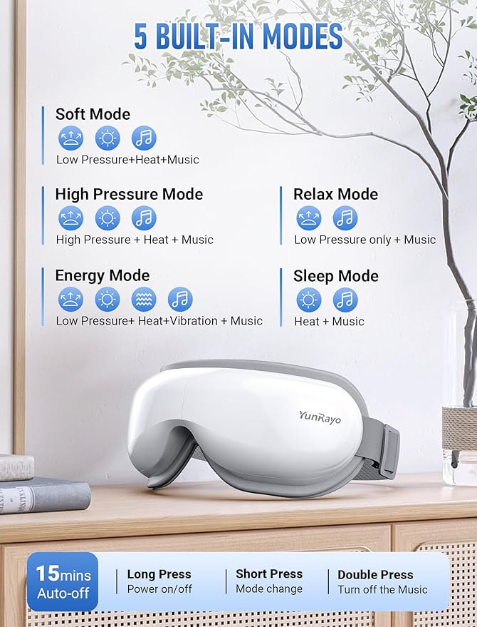 Eye Massager with Bluetooth Music, Heating & Vibration-Wireless Massage Mask for Relieving Dry Eyes, Eye Strain & Headaches, Promote Sleep, 180° Foldable, Travel, Office Users