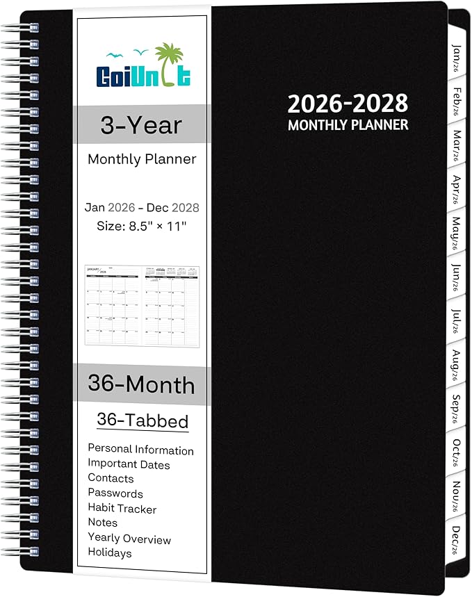 Monthly Planner 2026-2028, 36 Months Calendar Planner 2026-2028 from Jan 2026 – Dec 2028, 8.5'' x 11'' with Ruled Spread, Flexible Cover, Spiral Wirebound, Pocket, Coated Tabs, Notes ＆ Habit Tracker