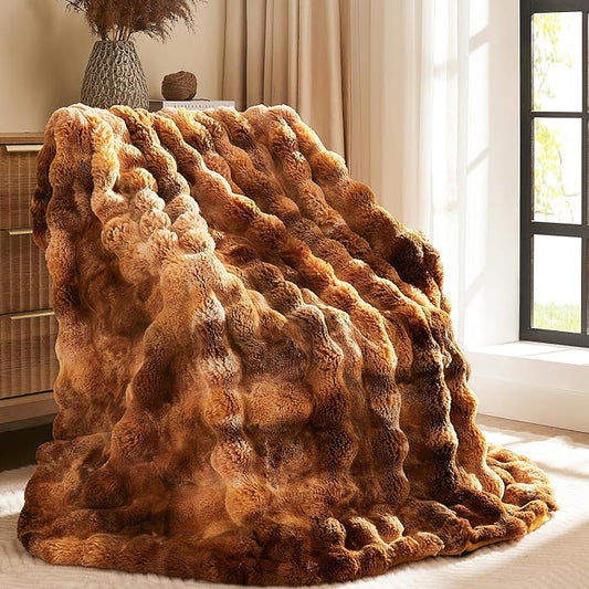 L'AGRATY Faux Fur Throw Blanket: 50" x 60" Luxury Soft Fluffy Thick Rabbit Fur Blankets for Couch Bed Sofa - Cozy Plush Bubble Blankets for Home Decor: Warm Flannel Fleece Decorative Blanket