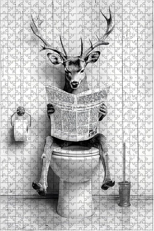500 Piece Adults Kids Deer Jigsaw Wooden Black and White Bathroom Jigsaw Adult Stress Relief Therapy Challenging 20.4x15 Inch