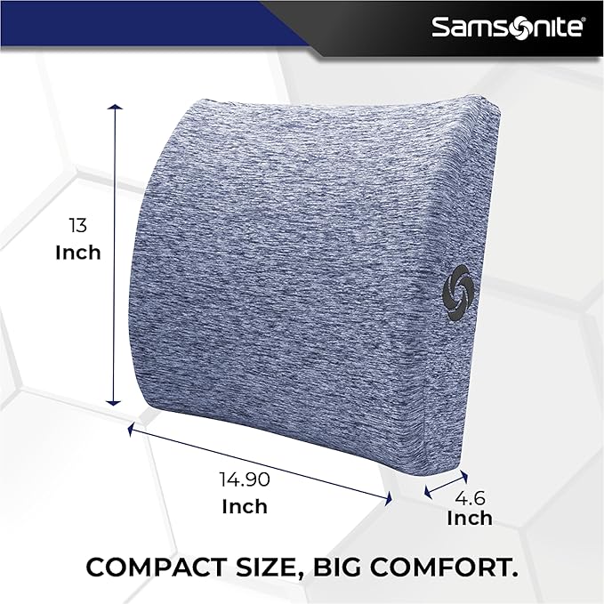 Samsonite Ergonomic Lumbar Support Pillow for Office Chair and Car Seat - Memory Foam Back Support Lumbar Pillow Premium Cushion Chair Support for Lower Back Pain Relief and Versatile Use (Gray-Blue)