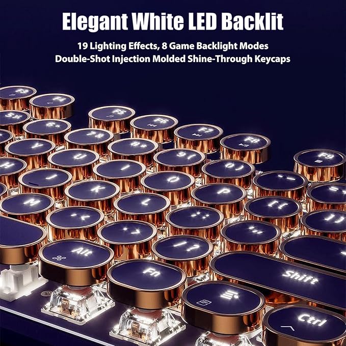 Typewriter Style Mechanical Gaming Keyboard White LED Backlit 104-Key NKRO Pink Switches Retro Round Keycaps Golden Ring Volume Knob Metal Panel Wired USB-C Detachable Cable, Purple