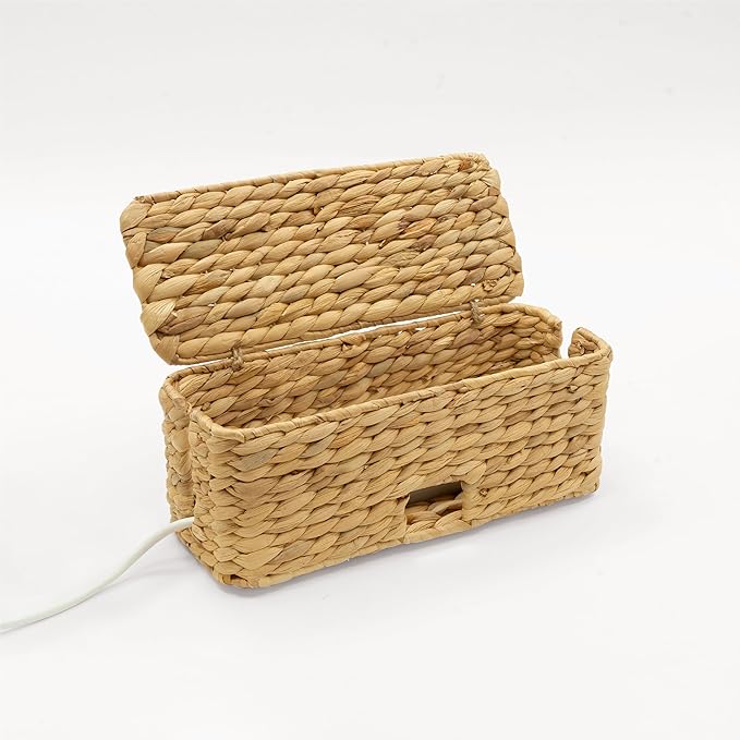 Cable Management Box, Water Hyacinth Organizer Box, Durable Rattan Cable Organizer, with 2 Open Slots for Home Office Desk Computer TV Wires USB Hub Power Strip, Handmade Rattan Cord Organizer Box