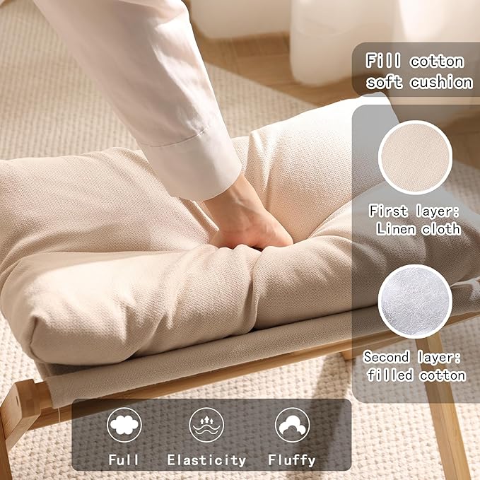 Folding Upholstered Footrest Stool, Small Accent Ottoman with Thick Cotton Cushion & Bamboo X Legs, Modern Padded Sofa Stool for Makeup Bedroom Living Room (Beige)