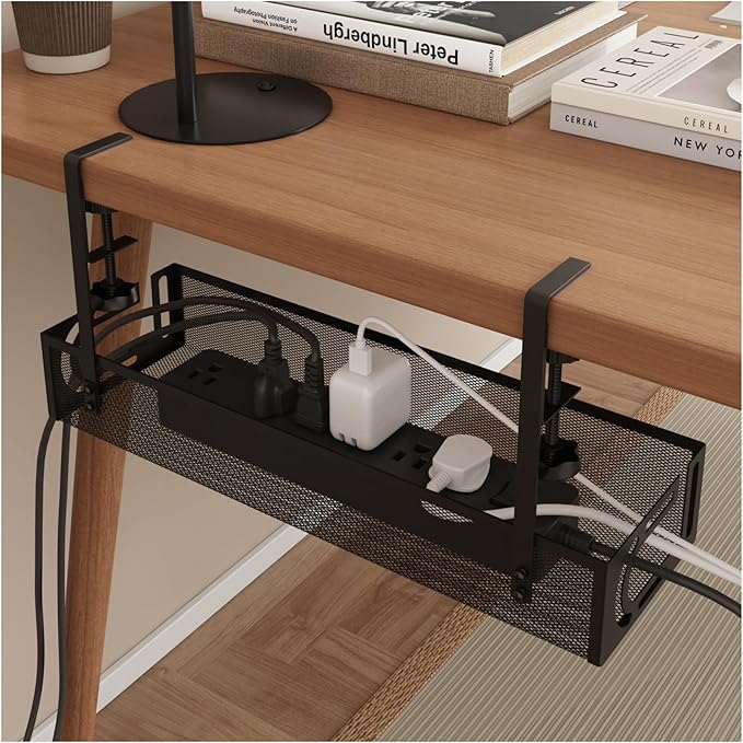 Under Desk Cable Management Tray - Management Organizers Holder, Management Under, No Drill to Desk Cable Raceway, Under Storage for Office, Kitchens, Home (Black)