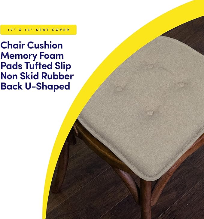 Sweet Home Collection Chair Cushion Memory Foam Pads Tufted Slip Non Skid Rubber Back U-Shaped 17" x 16" Seat Cover, Khaki Gray- 2 Count (Pack of 2)