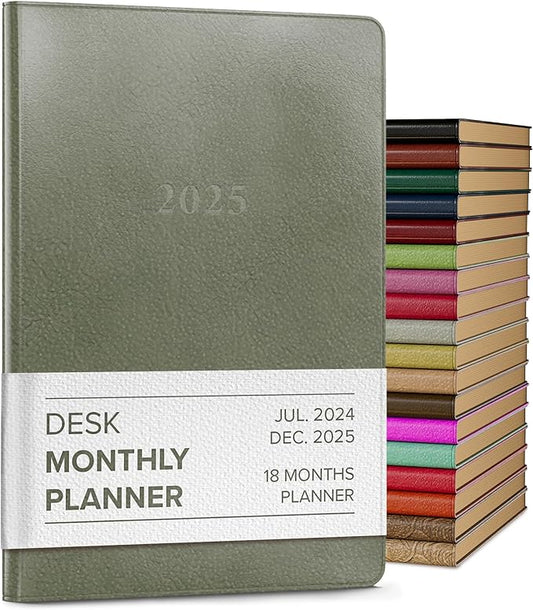 Gallery Leather Desk Monthly Planner 2025, Elegantly Bound Calendar Planner and Notebook with Stylish Gold-Gilded Page Edges, 18 Months - Acadia Cactus - 8 x 5.5 ”
