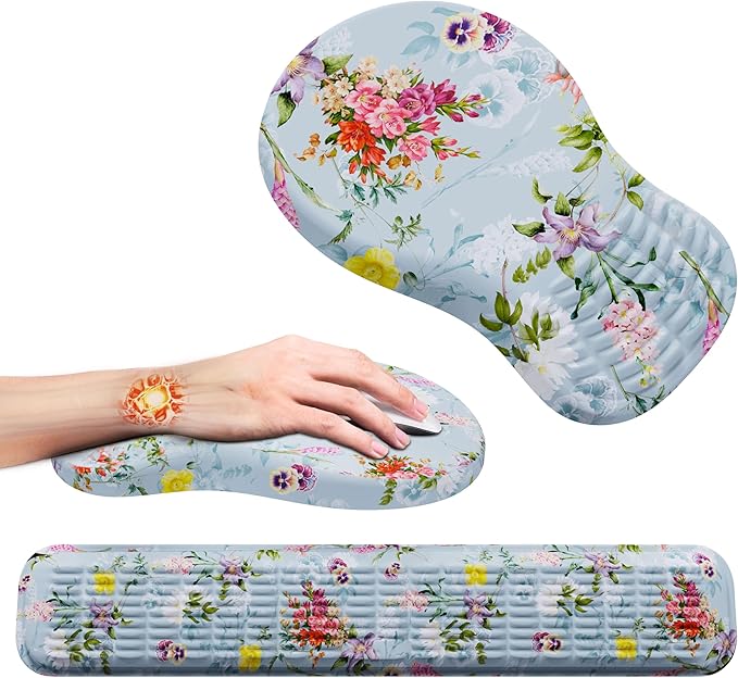 MEKASS Ergonomic Mouse Pad and Keyboard Wrist Rest Set, Super Soft Memory Foam Desk Wrist Support for Computer Keyboard, Non-Slip Arm Palm Rests Cushion for Typing Gaming Office(Green Floral Pattern)