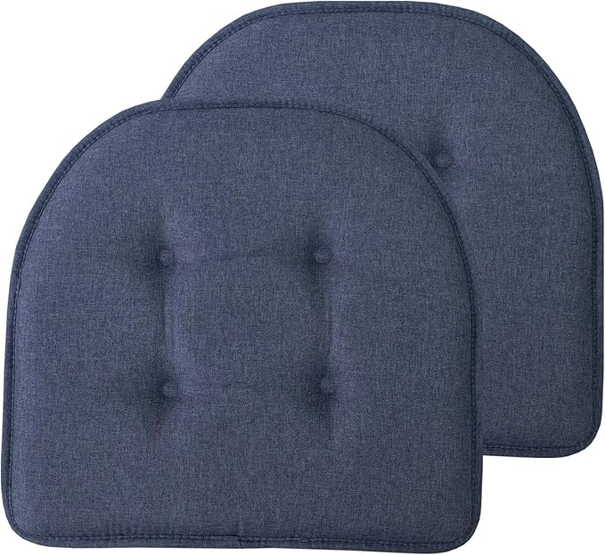 Sweet Home Collection Chair Cushion Memory Foam Pads Tufted Slip Non Skid Rubber Back U-Shaped 17" x 16" Seat Cover, 2 Count (Pack of 1), Denim Blue