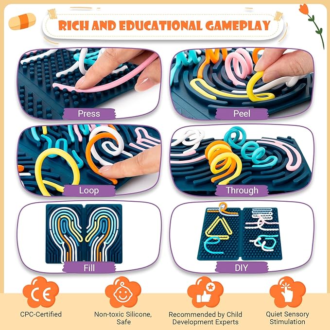 Sensory Activity Board, Four-Sided Silicone Sensory Fidget Toy, Promotes Parent-Child, Suitable for Autism, Calming, ADHD, Great for Children 3+ & Adults, Includes Portable Travel Bag and 25 Strings