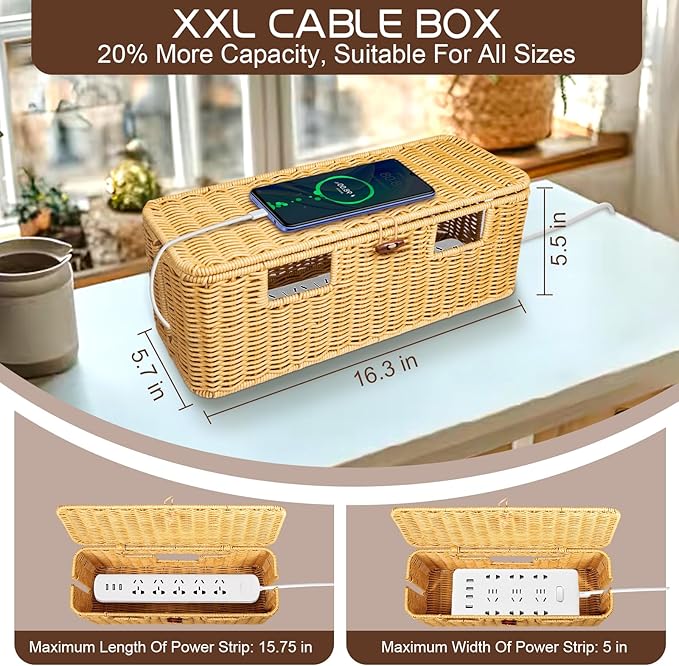 16 In Large Rattan Cable Management Box, Handwoven Cord Management Box with 5 Slots, Floor Cord Hider Boxes for Power Strip and Wire, Cable Organizer box with Lid for Desk, Floor, Office, Living Room