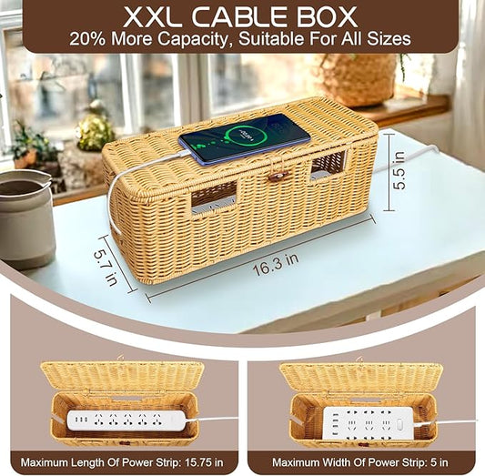 16 In Large Rattan Cable Management Box, Handwoven Cord Management Box with 5 Slots, Floor Cord Hider Boxes for Power Strip and Wire, Cable Organizer box with Lid for Desk, Floor, Office, Living Room
