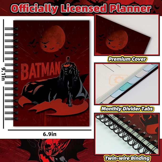 Hardcover Spiral Notebook Journal with 12 Dividers Tabs Weekly&Monthly Planner Productivity Journal Superhero Theme Leather Organizer for Work School Adults Teens and Professionals (BATM-RED)
