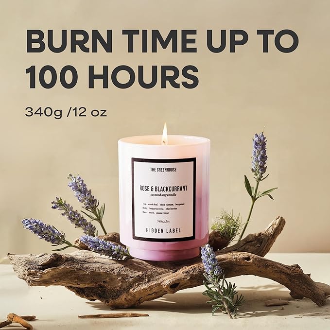 Hidden Label Rose & Blackcurrant Soy Candles, 12oz/75-Hour Burn Time, 100% Natural Soy Wax, Aromatherapy Candle for Stress Relief, Meditation, Yoga & Relaxation