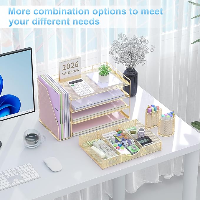 gianotter Desk Organizers and Accessories with File Holder, 4-Tier Desk Accessories & Workspace Organizers with Drawer and 2 Pen Holder, Paper Organizer for Office Supplies(Gold)