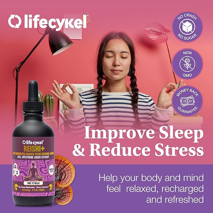 Life Cykel - Reishi Mushroom Extract w/Kakadu Plum- Adaptogen for Sleep Help, Relaxation & Cellular Support- 100% Organic Mushrooms, Antioxidants Vitamin C, 2oz (Packaging May Vary)