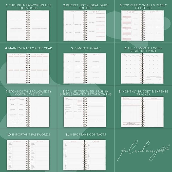 PLANBERRY Weekly Planner Premium – Undated Life Organizer & Budget Planner – Time Management, Goal Setting, to-Do List, Work-Life Balance & Habit Tracker – 6.9″ x 8.5″ (Natural Green)