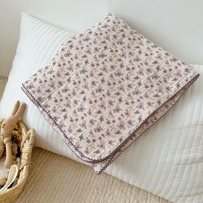 BuLuTu Muslin Cotton Toddler Blanket for Crib, Shabby Chic Purple Floral Print, Large Crib Blanket 47x51 Inch, Cottage Baby Quilt for Unisex Boys Girls Gifts, Soft Lightweight