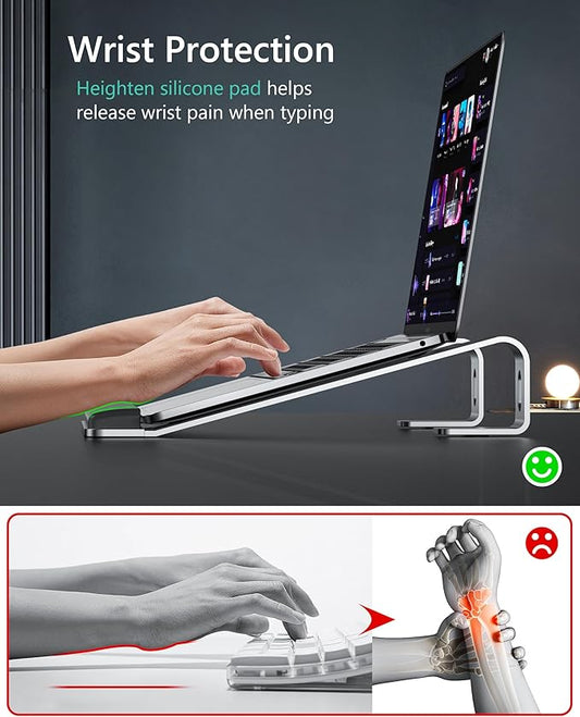Aluminum Laptop Stand, Notebook Stand with Wrist Rest, Ergonomic Detachable Laptop Mount, Computer Stand Compatible with 10-17'' All Laptops Such as MacBook Air Pro/HP/Dell/Lenovo, Silver