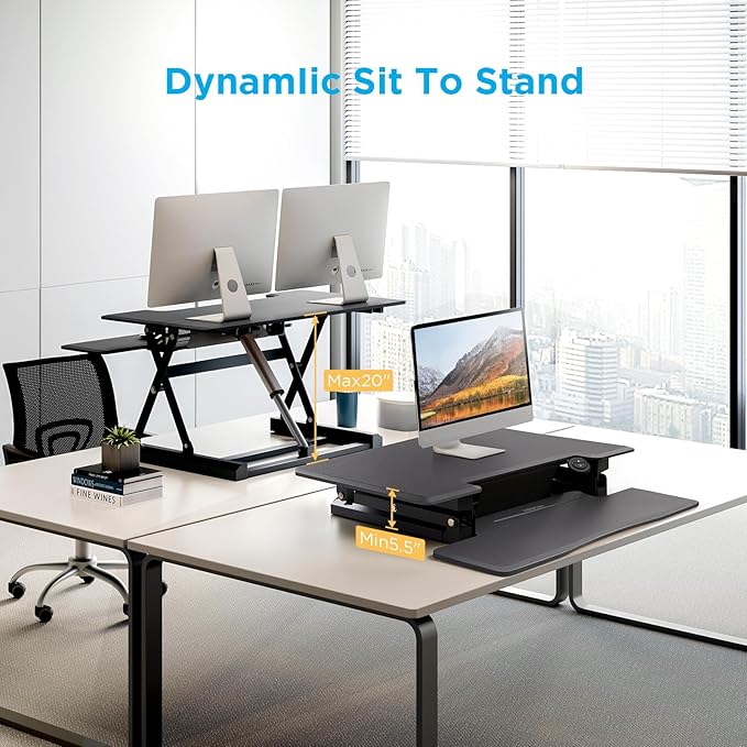 29" Electric Standing Desk Converter, Dyropcurv Series Height Adjustable Computer Desk Ergonomic Home Office Desk for Adults, Sit to Stand Desk with Quiet Motor, Dark Gray