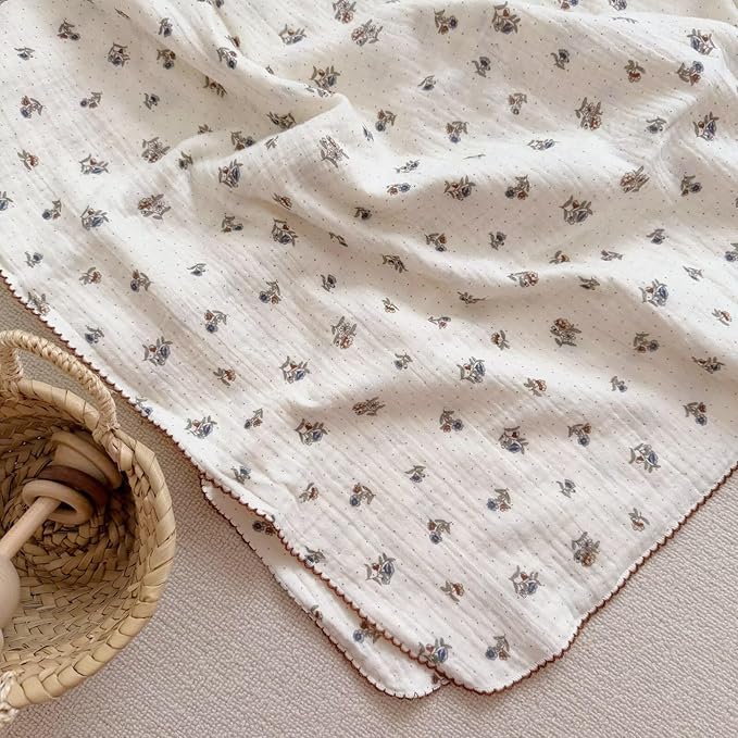 BuLuTu Large Muslin Toddler Blanket 47x51 Inch, Cottage Floral Print Baby Crib Blanket, Soft Breathable Lightweight Nursery Blankets, Pansy Flowers & Small Dots Pattern