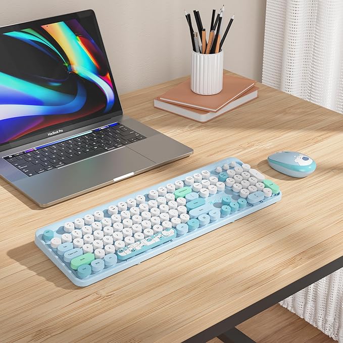 GTSP Typewriter Wireless Keyboard Mouse Combo, Cute 2.4G Office Full-Sized Retro Keyboard with Round Keycaps for Laptop PC Desktops（Blue）