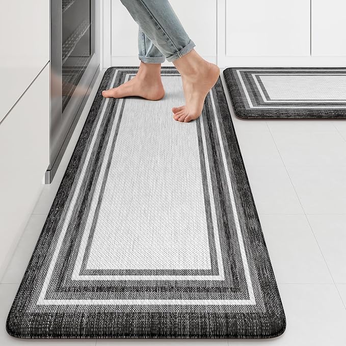 KIMODE Anti Fatigue Kitchen Mat 2PCS,Kitchen Rugs Non Slip Rubber Backing,Waterproof Farmhouse Kitchen Mat for Floor,Cushioned Standing Mat for Office,Laundry,Sink,Desk,Black and Grey