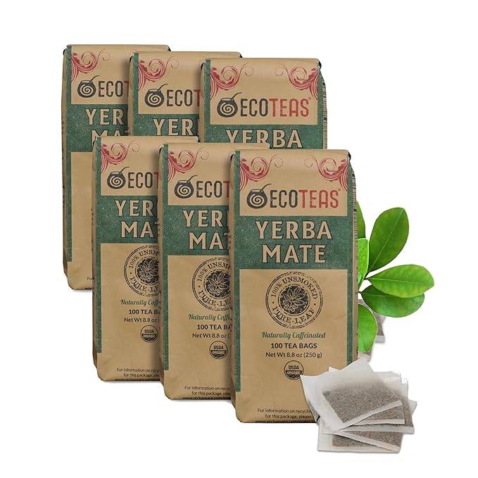 ECOTEAS Premium Unsmoked Yerba Mate Tea Bags - Detox and Hi Caf Tea - Organic - 100 Tea Bags, 8.8 oz (6 pack)
