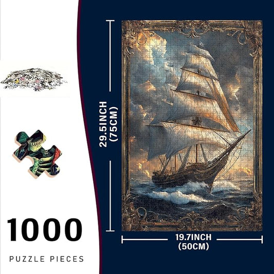 1000 Piece Wooden Nautical Ship Jigsaw Puzzle Seniors Adults Dementia Therapy Tool Gentle Cognitive Exercise Stress Relief Memory Boosting Quiet Play for Elderly Care & Home 29.5x19.7 Inch