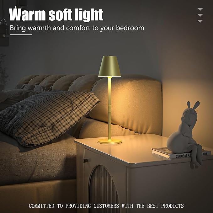 2Pack LED CordlessTable Lamp,4000mAh Rechargeable Battery Desk lamp,3 Level Brightness Night Light, Simple Design, for Couple Dinner/Coffee Table/Restaurant/Bedroom(Champagne Gold 2Pack)