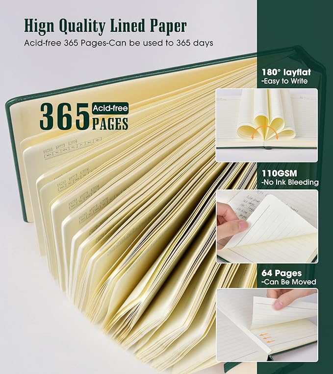 Lined Journal Notebook, 365 Pages A4 Large Journals for Writing Ruled Notebook, Hardcover Leather Journal for Women Men, Daily Journal Notebook for Work, Note Taking, 100Gsm Thick Paper ( 8.5" x 11" Green)