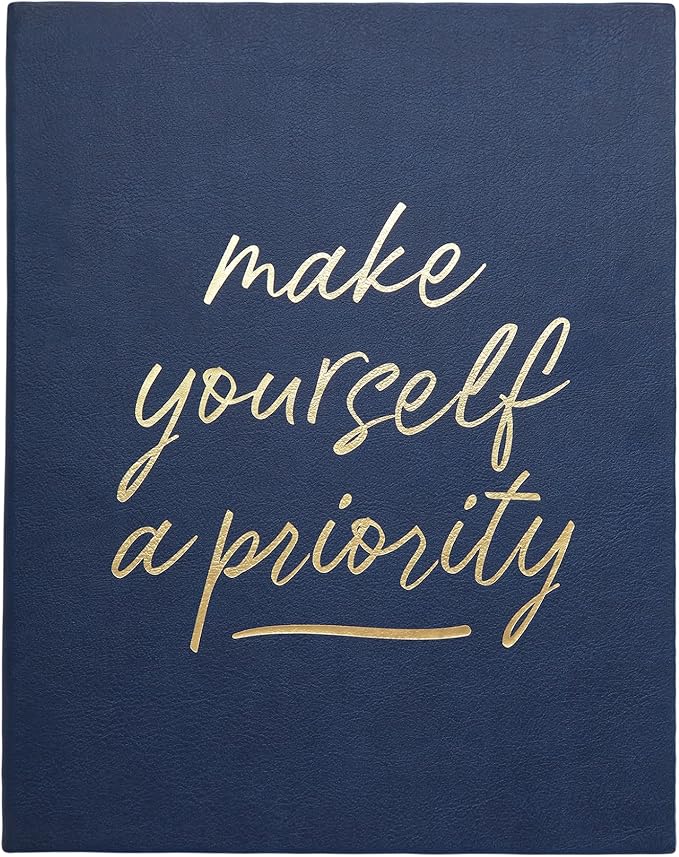 Eccolo Large Lined Journal Notebook, Hardbound Cover, Writing Journal, 256 Ruled Ivory Pages, Ribbon Bookmark, Lay Flat, Desk Size, Make Yourself A Priority (Navy Blue, 8x10 inches)