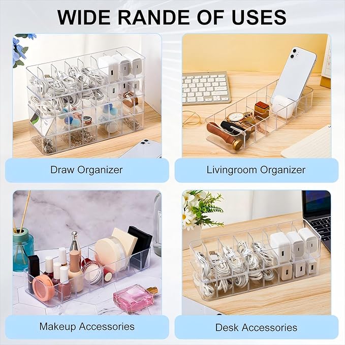 Tatuo 2 Pcs Cable Organizer with 20 Wire Ties, Plastic Cord Storage Charger Box Electronics Organizer with Adjustment Compartments Cable Storage for Drawer Home Office Desk Accessories (Clear)