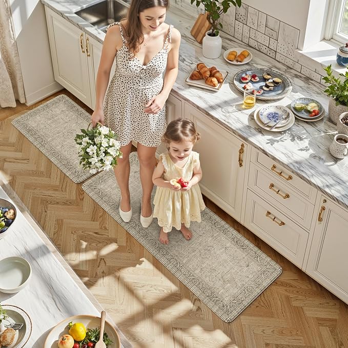 KIMODE Farmhouse Anti Fatigue Kitchen Mat,Vintage Brown Kitchen Rugs Sets of 2,Non Slip Waterproof Kitchen Floor Mats,Ergonomic Cushioned Comfort Standing Mat for Laundry,Office, Sink,Desk