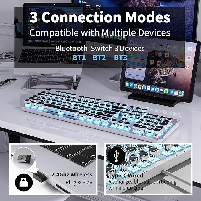 EWEADN TK950 Typewriter Keyboard Wireless Mechanical Keyboard, 104 Keys Aesthetic Typewriter Keyboards with Blue Backlit, Anti-Ghosting, Blue Switch Bluetooth/2.4GHz/Wired Cute keyboards-Black