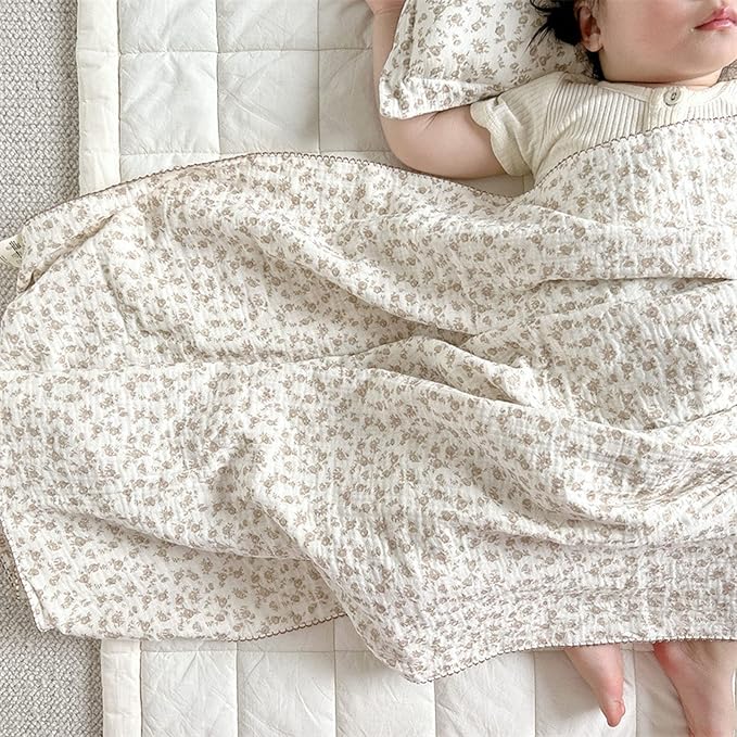 BuLuTu 4 Layer Toddler Blanket 100% Cotton Muslin Bed Blankets for kids,Girls,Boys, Designed with Cute Camellia Flowers Lightweight Thermal Baby Blanket, Super Soft and Warm Crib Blanket, 47x51’’