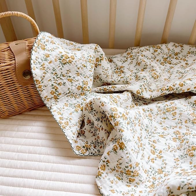 BuLuTu 4 Layer Toddler Blanket 100% Cotton Muslin Bed Blankets for kids,Girls,Boys, with Cute Hibiscus Flowers Pattern Lightweight Thermal Baby Blanket, Super Soft Warm Crib Blanket, 47x51’’