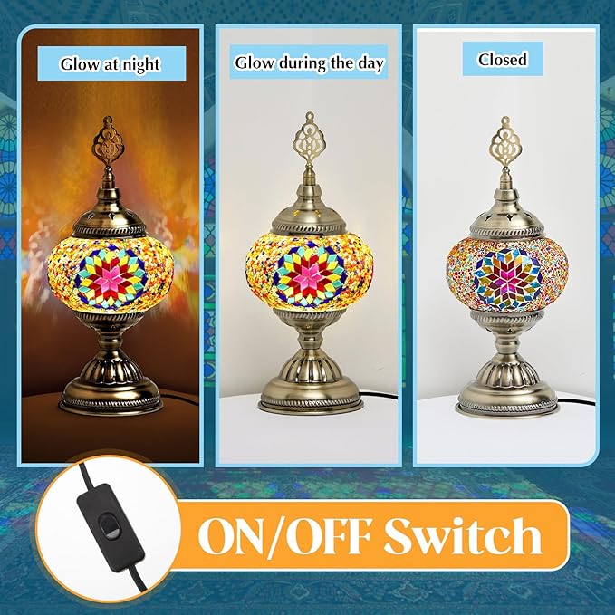 Large Globe Turkish Moroccan Table Lamp Handmade Vintage Colorful Moroccan Glass Lampshade Turkish Desk Lamp Bohemian Decorative Night Light for Bedroom, Living Room, Gift (LED Bulb Included)