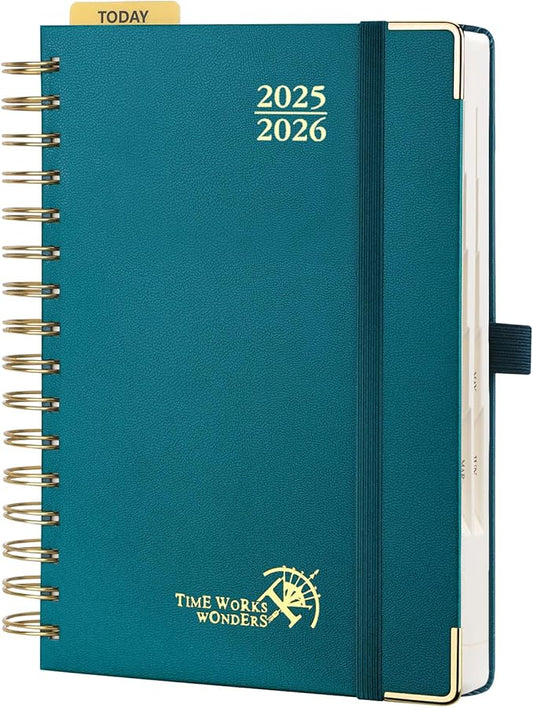 POPRUN Academic Daily Planner 2025-2026 One Page A Day - [5.75" x 8.5"- Spiral Hard Cover], Appointment Book (July 2025 - June 2026) with Monthly Calendar - Pacific Green