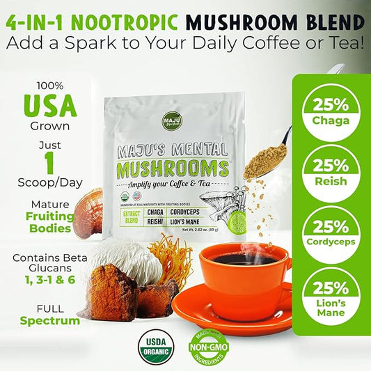 MAJU's Mental Mushroom Powder Extract, Strong Lions Mane, Chaga, Reishi, Cordyceps, Fruiting Bodies for Coffee, Immune System Booster, Nootropic Brain Supplement, Memory, Organic Mushrooms