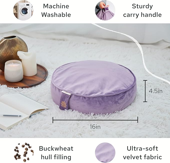 Mindful Modern Velvet Meditation Cushion | Luxe Zafu Yoga Floor Pillow Seat | Posture Support | Buckwheat Hull Filled | Large Round Cushion with Removable Washable Cover + Carry Handle