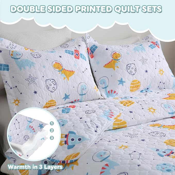Cute Dinosaur Space Rocket Quilt Set for Boys Full Size Kids Bedding Sets Lightweight Summer Bedspread Soft Microfiber Breathable Bed Comforter All-Season