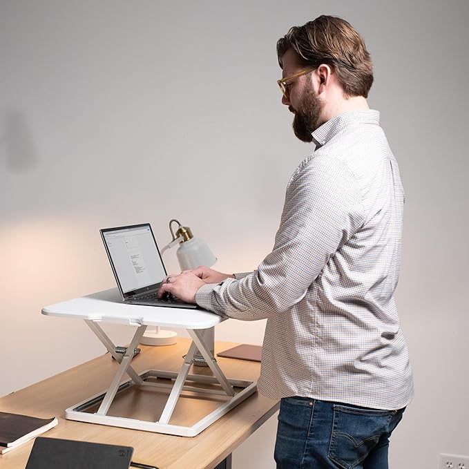 VIVO Ultra-Slim Single Top Height Adjustable Standing Desk Riser, Compact Sit Stand Desktop Converter for Monitor or Laptop, White, DESK-V001JW