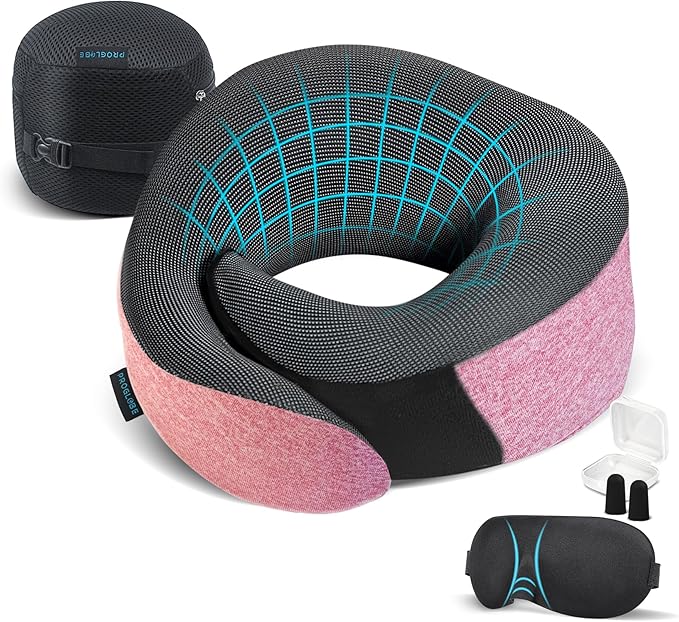 Proglobe Pink Airplane Travel Pillow Set, 100% Pure Memory Foam Neck Pillow, Updated Material, Long Flight Travel Kit with 3D Contoured Eye Masks, Earplugs, and Luxury Bag