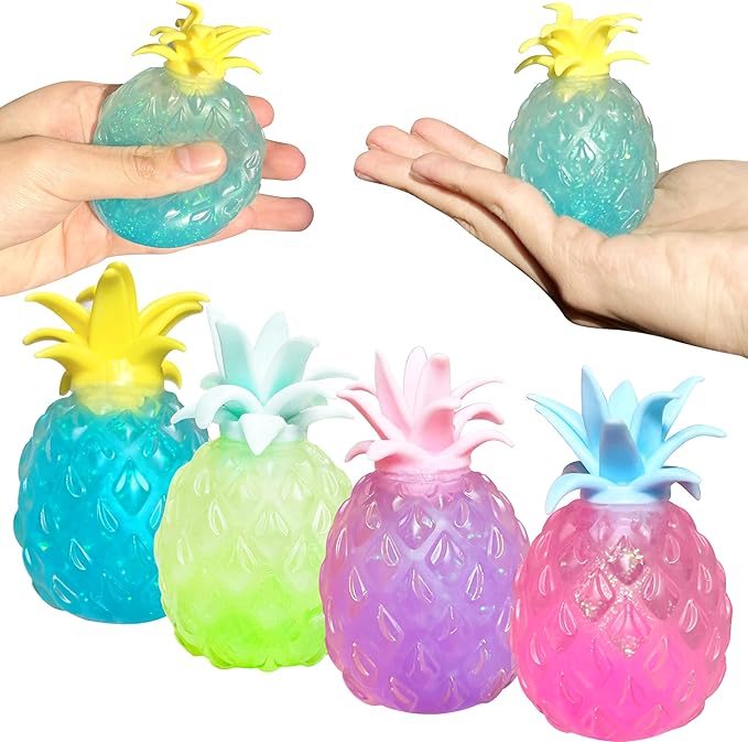 Pineapple Stress Balls for Kids and Adults Squishy Glitter Fruit Fidget Toys, (4pack) Sensory Stress Relief Toy Stretch Squeeze Ball, Stress Anxiety Relief Fidget Squishy Ball for ADHD Autism