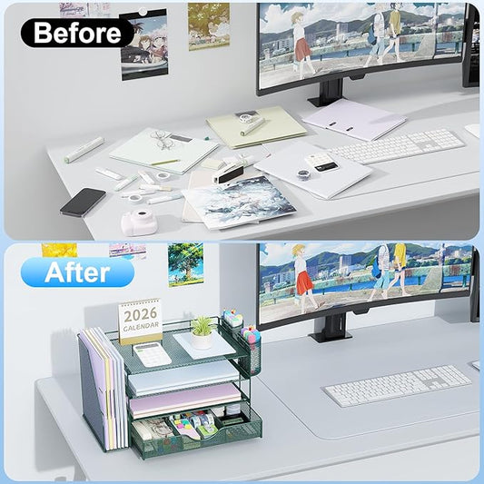 gianotter 4-Tier Desk Organizer with Drawers, File Holders, Letter Trays and Pen Holders - Workspace Accessories for Office Supplies (Green)