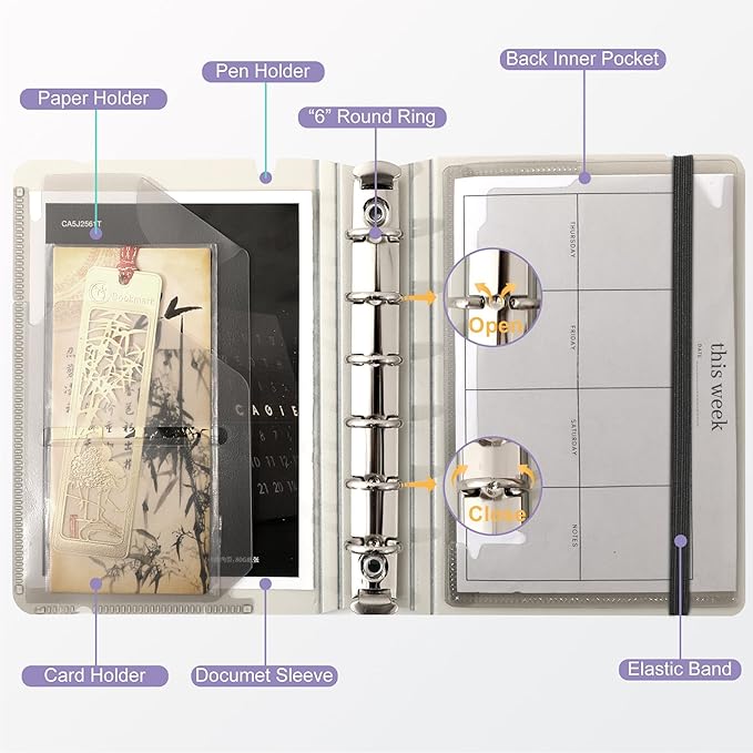 CAGIE A7 Binder 6 Ring Notebook with Dividers Refillable Planner Binder with Pockets, Refill Paper Include Planning Square Ruled and Dotted Pages, 4.13 x 5.71 In, (Light Purple, A7 Hourly&Dot Page)